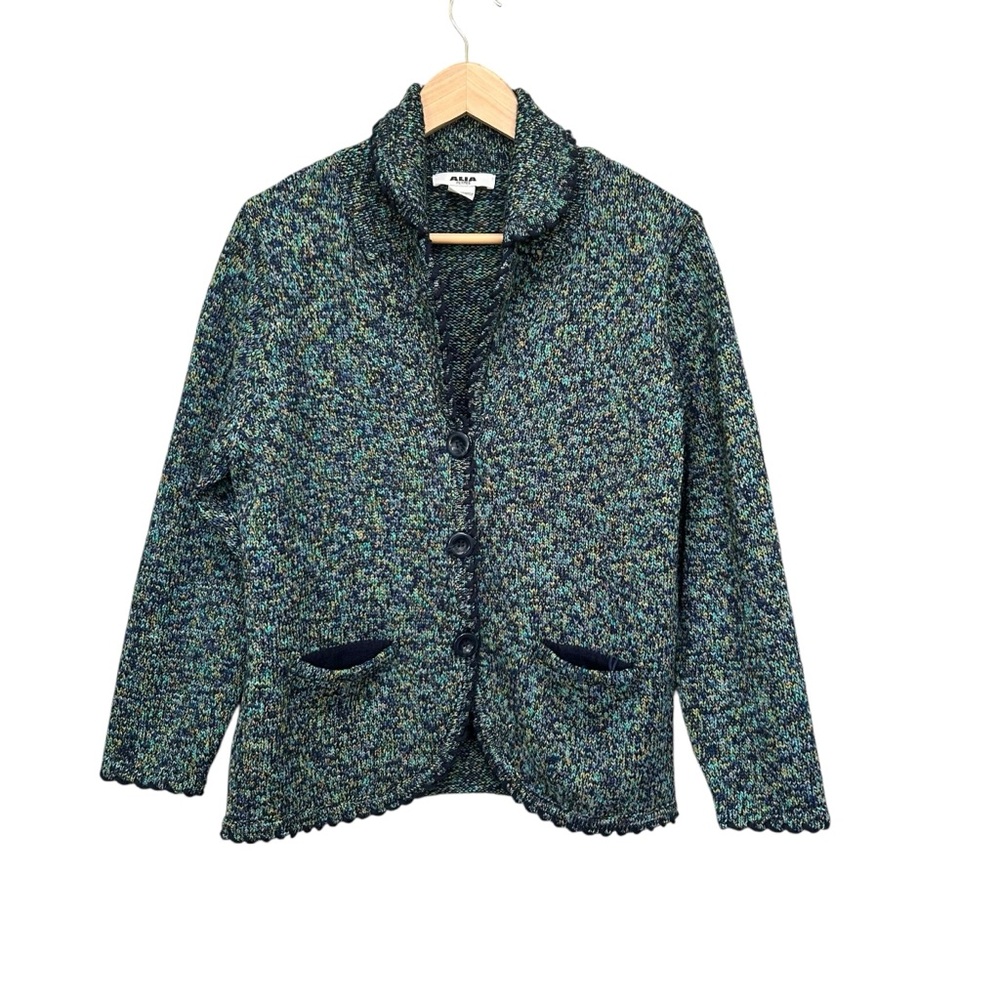 Alia Vintage Tweed Knit Scalloped Cardigan Sweater Size M Petite
